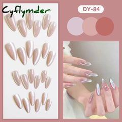 Cyflymder 24pcs Pearlescent Cat Eyes False Nails Wearable Flash Crystal Long Almond Aurora Fake Nails Press on Finished Manicure Nail Tips