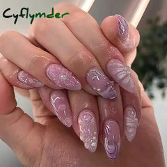 Cyflymder 24Pcs Pink Almond False Nails Butterfly Ballet with French Design Wearable Fake Nails Simple Artificial Press on Nails Tips Art