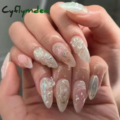 Cyflymder 24Pcs Pink Almond False Nails Butterfly Ballet with French Design Wearable Fake Nails Simple Artificial Press on Nails Tips Art