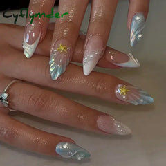 Cyflymder 24Pcs Pink Almond False Nails Butterfly Ballet with French Design Wearable Fake Nails Simple Artificial Press on Nails Tips Art