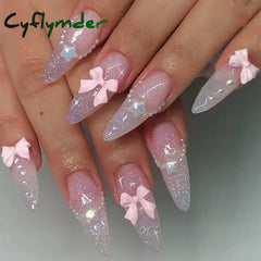 Cyflymder 24Pcs Pink Almond French Press on Nails With 3D Bow ripple charms Design Fake Nails Ballerina False Nails Full Cover Nail Tips