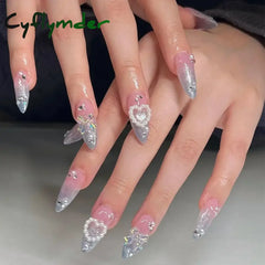 Cyflymder 24Pcs Pink Almond French Press on Nails With 3D Bow ripple charms Design Fake Nails Ballerina False Nails Full Cover Nail Tips