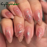 Cyflymder 24Pcs Pink Almond French Press on Nails With 3D Bow ripple charms Design Fake Nails Ballerina False Nails Full Cover Nail Tips