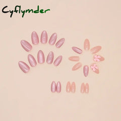 Cyflymder 24pcs Pink Bow Design Glossy Press on Nails Wearable Detachable Almond Fake Nail Tips for Girls Lady Korean Sweet False Nails