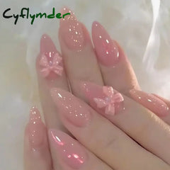 Cyflymder 24PCS Pink Cute Girl Bow French Nail Art Full Cover Wearable Detachable Fake Nails Press On Nails Almond False Nail