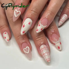 Cyflymder 24PCS Pink Cute Girl Bow French Nail Art Full Cover Wearable Detachable Fake Nails Press On Nails Almond False Nail