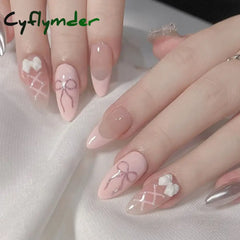 Cyflymder 24PCS Pink Cute Girl Bow French Nail Art Full Cover Wearable Detachable Fake Nails Press On Nails Almond False Nail