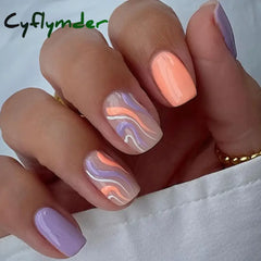 Cyflymder 24Pcs Press On Nails Simple French Colorful Wavy Abstract Line Fake Nails Full Cover Nail Art Tips Coffin Square Head False Nail