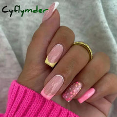 Cyflymder 24Pcs Press On Nails Simple French Colorful Wavy Abstract Line Fake Nails Full Cover Nail Art Tips Coffin Square Head False Nail