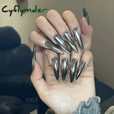 Cyflymder 24pcs Punk Metal Fake Nails Press On Finished Long Pointed Silver Mirror y2k Nail Tips Full Cover Stiletto False Nails For Girl