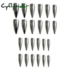 Cyflymder 24pcs Punk Metal Fake Nails Press On Finished Long Pointed Silver Mirror y2k Nail Tips Full Cover Stiletto False Nails For Girl