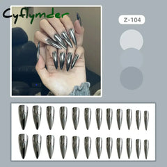 Cyflymder 24pcs Punk Metal Fake Nails Press On Finished Long Pointed Silver Mirror y2k Nail Tips Full Cover Stiletto False Nails For Girl
