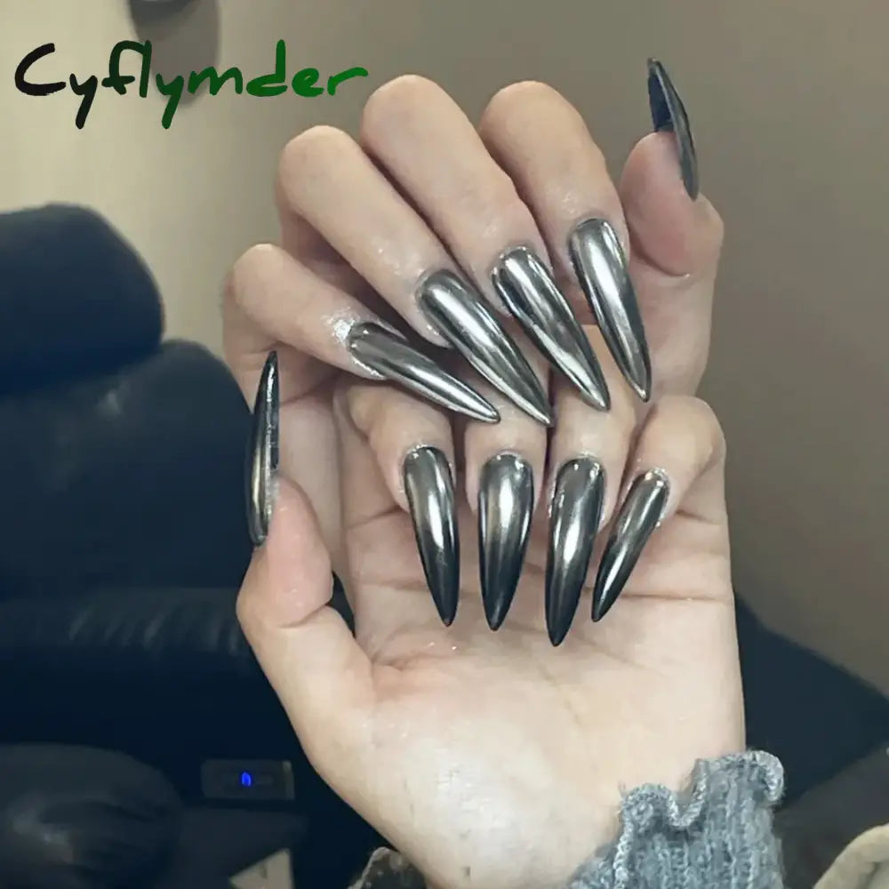 Cyflymder 24pcs Punk Metal Fake Nails Press On Finished Long Pointed Silver Mirror y2k Nail Tips Full Cover Stiletto False Nails For Girl