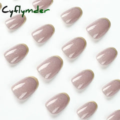 Cyflymder 24Pcs Removable Wearable False Nails Art Short Glitter French Gold Edge Fake Nails Waterproof Press on Nail Tips Nails Supplies