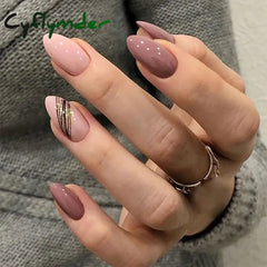 Cyflymder 24Pcs/Set Fake Nails With Glue Full Cover Nail Tips Press On Med Nails DIY Manicure Oval Head False Nails Pink Almond Artificial
