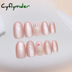 Cyflymder 24pcs/set French Strawberry Butterfly Cat Eye Press on Nails Fake Nails Manicure Detachable Nail Tips Oval False Nails Full Set