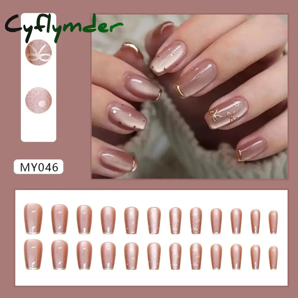 Cyflymder 24pcs/set French Strawberry Butterfly Cat Eye Press on Nails Fake Nails Manicure Detachable Nail Tips Oval False Nails Full Set