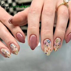 Cyflymder 24pcs/set Short Almond Flowers Reusable Adhesive False Nails Cheap Artificial Presss on Nails with Glue Woman Fake Nail Full Set