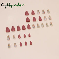 Cyflymder 24pcs/set Short Almond Flowers Reusable Adhesive False Nails Cheap Artificial Presss on Nails with Glue Woman Fake Nail Full Set