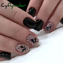 Cyflymder 24pcs/set short saure fake nails for Spring summer season french style flowers butterfly design press on false nail art tips