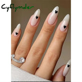 Cyflymder 24Pcs/Set White Long Almond Fake Nails Art Black Heart Oval Artificial Removable Acrylic Press on Nail Hot Sale Stick on Nails