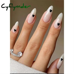 Cyflymder 24Pcs/Set White Long Almond Fake Nails Art Black Heart Oval Artificial Removable Acrylic Press on Nail Hot Sale Stick on Nails
