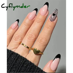 Cyflymder 24Pcs/Set White Long Almond Fake Nails Art Black Heart Oval Artificial Removable Acrylic Press on Nail Hot Sale Stick on Nails