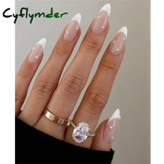Cyflymder 24Pcs/Set White Long Almond Fake Nails Art Black Heart Oval Artificial Removable Acrylic Press on Nail Hot Sale Stick on Nails