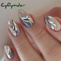 Cyflymder 24Pcs Short Almond Fake Nails Butterfly Wings Nail Art with Glue Glitter Flower False Nails Acrylic Autumn Winter Press on Nail