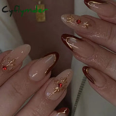 Cyflymder 24Pcs Short Almond Fake Nails Butterfly Wings Nail Art with Glue Glitter Flower False Nails Acrylic Autumn Winter Press on Nail