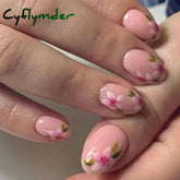 Cyflymder 24pcs Short Almond False Nails Flower Pattern Oval Fake Nails Press on Nails Full Cover Wearable Manicure Acrylic Nail Tips