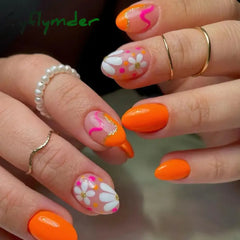 Cyflymder 24pcs Short Almond False Nails Flower Pattern Oval Fake Nails Press on Nails Full Cover Wearable Manicure Acrylic Nail Tips