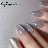 Cyflymder 24Pcs Solid Color Grey Almond Fake Nail Cat's Eye Design Wearable Round Head False Nails with Shiny Powder Press on Nails
