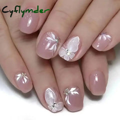 Cyflymder 24Pcs White Ice Camellia Short False Nails Art Light Pink Sweet Girls Acrylic Press on Nails Full Cover Removable Fake Nail Set