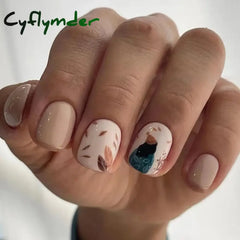 Cyflymder 24Pcs White Ice Camellia Short False Nails Art Light Pink Sweet Girls Acrylic Press on Nails Full Cover Removable Fake Nail Set