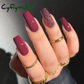 Cyflymder 24pcs Wine Red Powder Fake Nails Square Head French Ballet Nail Press on Nails Gradient False Nails Waterproof Faux Fingernails