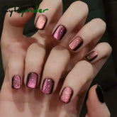 Cyflymder Glitter Cat Eye False Nail Wearable Chic Short Square Fake Nails Full Cover Detachable Finished Ballet Nails Press on Nails 24pc