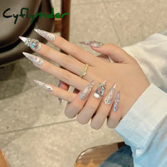 Cyflymder Handmade Press on Nails Shiny Pink Cat Eye Fake Nails for Women Girl Wearable Glitter Full Crystal Design False Nail Tips