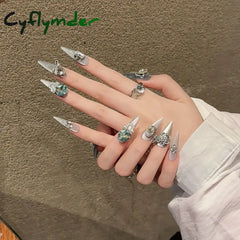 Cyflymder Handmade Press on Nails Shiny Pink Cat Eye Fake Nails for Women Girl Wearable Glitter Full Crystal Design False Nail Tips