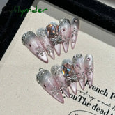 Cyflymder Handmade Press on Nails Shiny Pink Cat Eye Fake Nails for Women Girl Wearable Glitter Full Crystal Design False Nail Tips