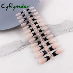 Cyflymder Pcs French Tips Press On Nails Medium Long Coffin Square Black White Matte Gloss Full Cover Finger Fake Nail Daily Use