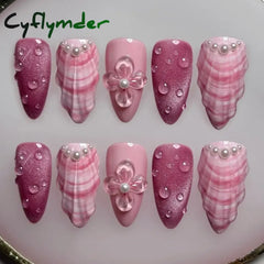 Cyflymder Pink 3D Shell Nail Art Flowers Pressons Tips Cat Eye Seashells Almond Press Ons Spring Autumn Seashell Handmade Press on Nails