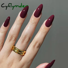 Cyflymder Wine Red Nails Medium Almond Fake Nails Glossy Full Cover Solid Color False Nails Women Girls including1 jelly glue and1 nail
