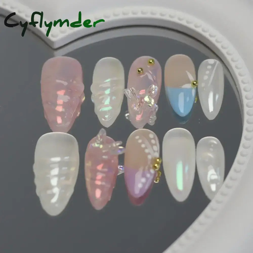 Cyflymder 10pcs Aurora Almond Press On Nails Short French Fake Nails Butterfly 3D Design False Nail Full Cover Wearable Manicure Nail Tips