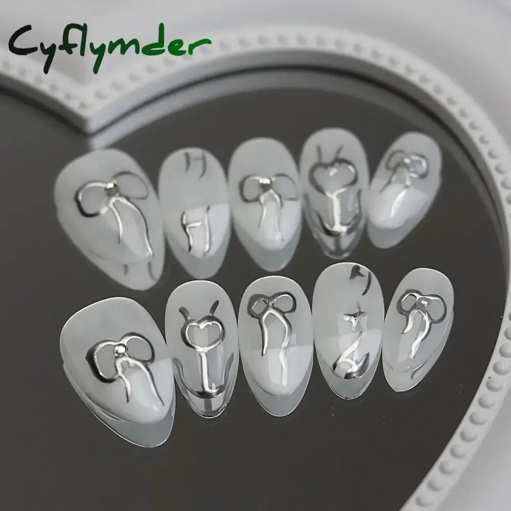Cyflymder 10pcs Aurora Almond Press On Nails Short French Fake Nails Butterfly 3D Design False Nail Full Cover Wearable Manicure Nail Tips