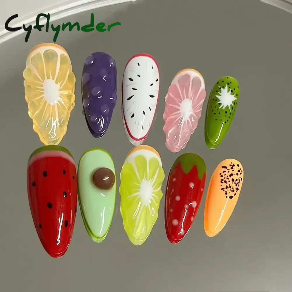 Cyflymder 10pcs Aurora Almond Press On Nails Short French Fake Nails Butterfly 3D Design False Nail Full Cover Wearable Manicure Nail Tips