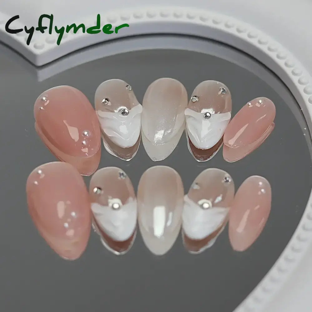 Cyflymder 10pcs Aurora Almond Press On Nails Short French Fake Nails Butterfly 3D Design False Nail Full Cover Wearable Manicure Nail Tips