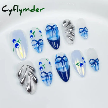 Cyflymder 10pcs Aurora Almond Press On Nails Short French Fake Nails Butterfly 3D Design False Nail Full Cover Wearable Manicure Nail Tips