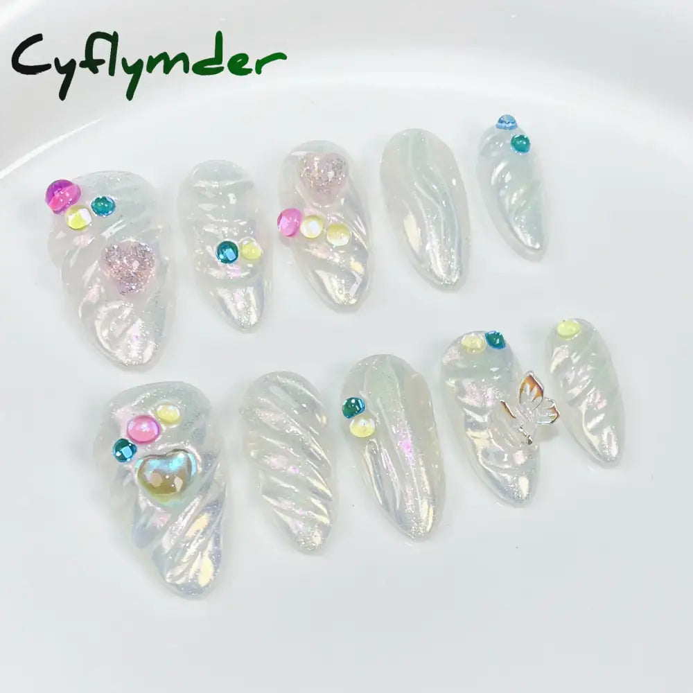 Cyflymder 10pcs Aurora Almond Press On Nails Short French Fake Nails Butterfly 3D Design False Nail Full Cover Wearable Manicure Nail Tips