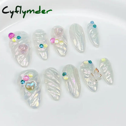 Cyflymder 10pcs Aurora Almond Press On Nails Short French Fake Nails Butterfly 3D Design False Nail Full Cover Wearable Manicure Nail Tips